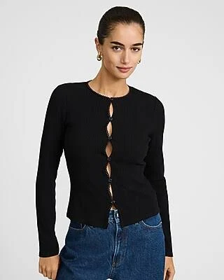 Express Women's Pointelle Crew Neck Long Sleeve Cutout T-Shirt
