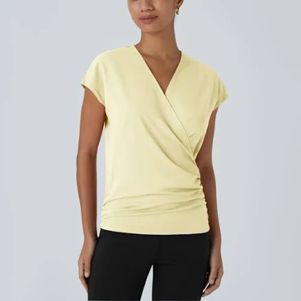Halara V Neck Cap Sleeve Crossover Ruched Solid Work Blouse