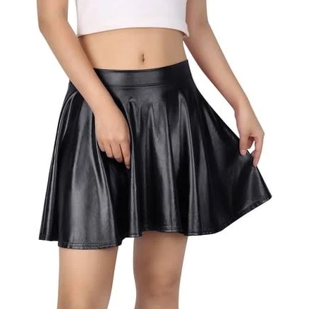 Hde Women's Shiny Liquid Metallic Wet Look Flared Pleated Skater Skirt