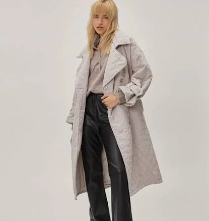 Nasty Gal Women's Quilted Cord Oversized Belted Mac - Gray - Trench coats