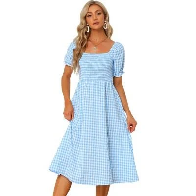 Inspire CHIC Women's Casual Smocked Front Tie Back Checks Gingham Midi Dress