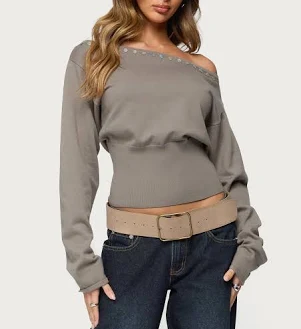 Edikted Women's Carmela Iridescent Button Off Shoulder Sweater