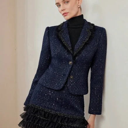Tweed Lapel Collar Blazer with Contrast Tape Trim