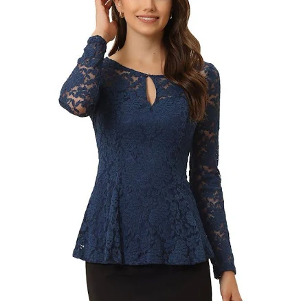 Lace Keyhole Front Peplum Hem Sheer Blouse