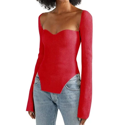 Women Sweaters Long Sleeve V Neck Ribbed Knit Sweater Slim Fit Solid Basic Casual Tops, Women's, Size: XXL, Red
