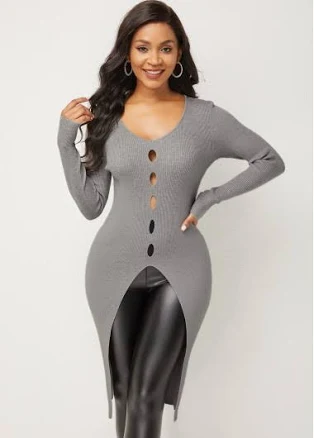 Rotita Cutout Front Slit Long Sleeve Sweater