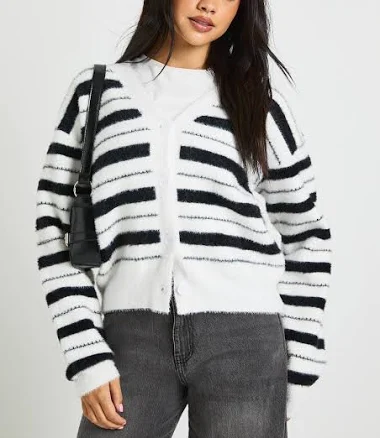 Boohoo Women's Fluffy Knit Stripe Cardigan