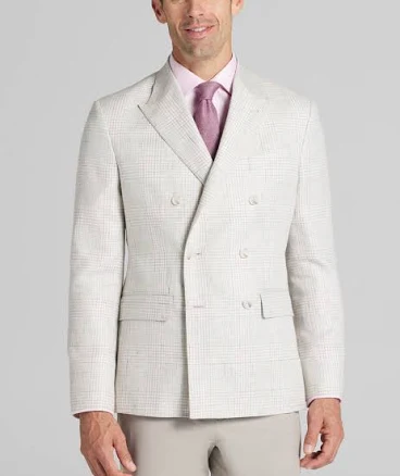 Reserve Collection Men's Tailored Fit Linen Blend Double-Breasted Plaid Sportcoat