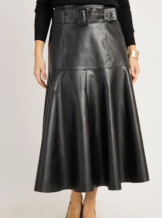 Belted Leather Midi Skirt