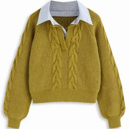 CIDER Women's Preppy Cable Knit Lantern Sleeve Top