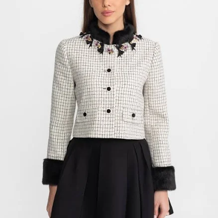 Textured Tweed Jacket with Fox Fur Collar