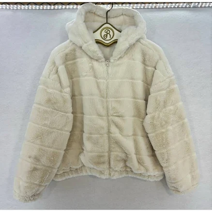 Stella Tweed Faux Fur Jacket Xl Ivory Cropped Hooded Zip Up Coat Mob