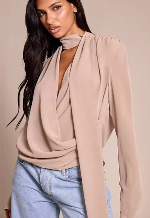PrettyLittleThing Women's Chiffon Cowl Neck Blouse with Scarf Detail