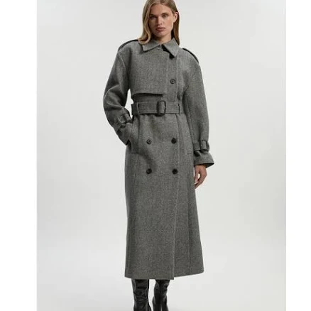 Karen Millen Women's Herringbone Wool Belted Trench Maxi Coat