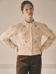 Hand Flower Pompom Cardigan Ivory