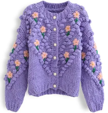 Stitch Floral Diamond Pom-Pom Hand Knit Cardigan