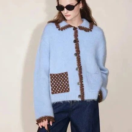 Lvy Hand Crochet Mohair Blend Cardigan with Pom Pom