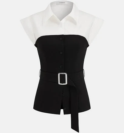 Sleeveless Color Block Belted Blouse