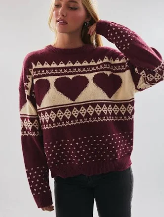 Butgundy Heart Knit Fair Isle Sweater
