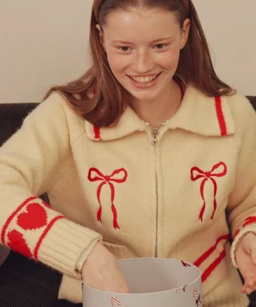 Ronron Back Heart Ribbon COWIchan Knit Zip Up
