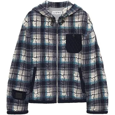 LOEWE Men's Plaid Hooded Jacket - Navy White - Size 40