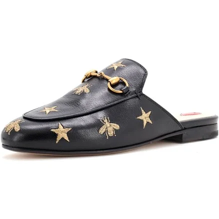 GUCCI Women's Princetown Mules Embroidered Leather Black