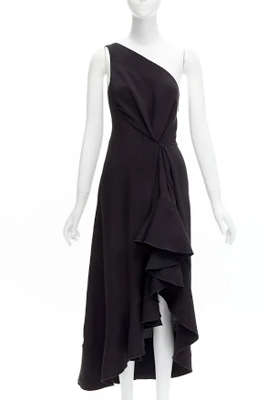 Dion Lee Black Silk One Shoulder Drape Front Asymmetric Ruffle Dress
