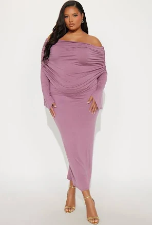 Fashion Nova Long Sleeve Blouse Maxi Skirt Set in Mauve