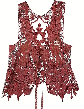 Pretty Angel Womens Vest Small Maroon Sleeveless Crochet Cardigan Short Lace