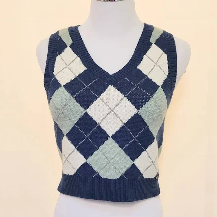 Hollister Blue Argyle Cropped V Neck Sweater Vest Preppy Academia Size