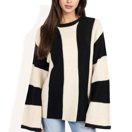 Women's Bold Striped Knit Sweater with Bell Sleeves and Crew Neck