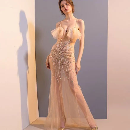 Sexy See-through Dress Gauze Transparent Hand-stitch Rhinestone