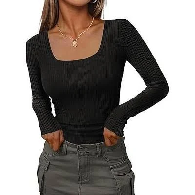 Zeagoo Women's Square Neck Long Sleeve Ribbed Knit Sweater