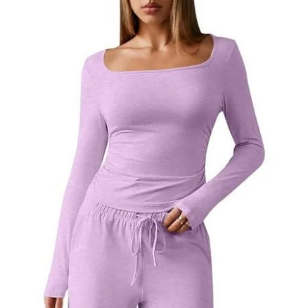 Women's Square Neck Long Sleeve Ribbed Knit Tee Shirt