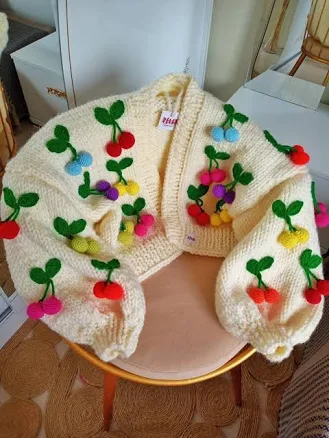 Leilayca 3d Cherry Embroidered Chunky Knit Sweater
