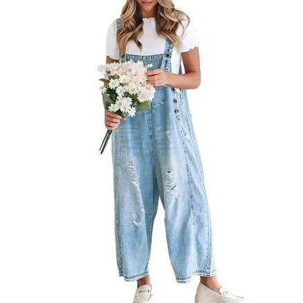 Adjustable Strap Distressed Denim Bib Overall