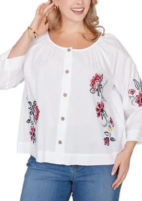 Ruby Rd. Women's Plus Size Floral Embroidered Poplin Button-Front Top