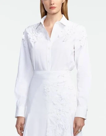 Lela Rose Porcelain Floral Embroidered Cotton Poplin Shirt