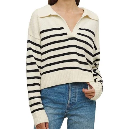 Reformation Francesco Cotton Polo Sweater In Gossamer/Black Stripe, Size M