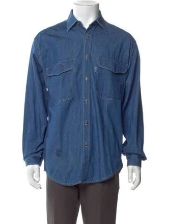 Valentino Rockstud Accents Long Sleeve Denim Shirt in Blue, Men's M