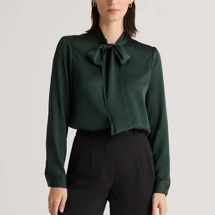 Quince Women's Washable Stretch Silk Tie Neck Blouse