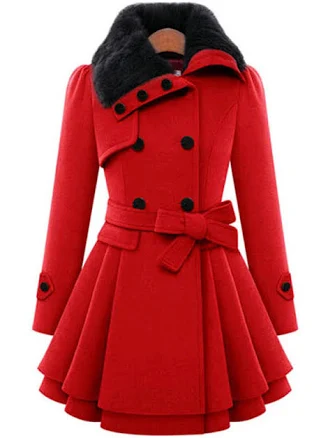 Double-Breasted Wool Pea Coat with Fur Collar