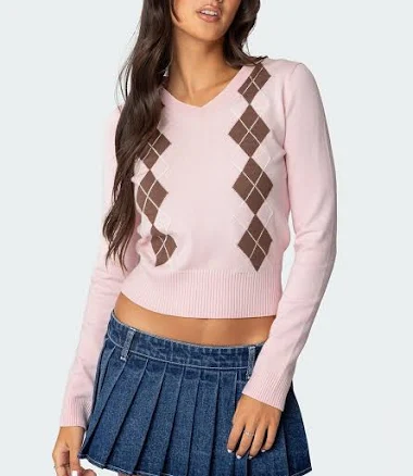 Edikted Women's Argyle V-Neck Knit Sweater