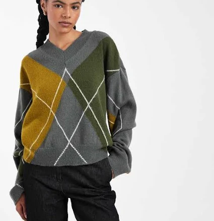 ASOS Design Knit Argyle V-Neck Sweater