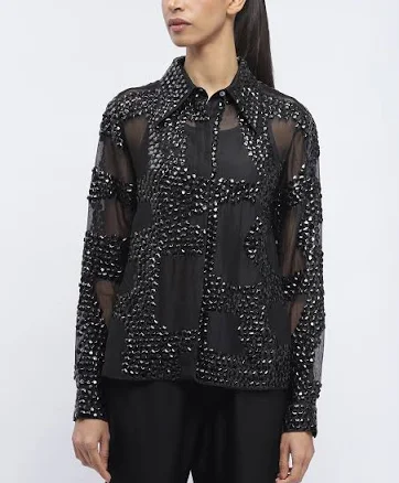 Abraham & Thakore Women's Silk Organza Sequins Embroidered Shirt