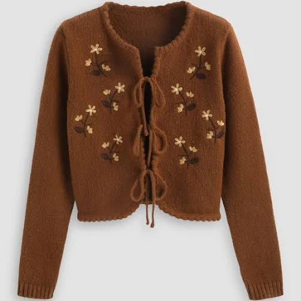 Floral Embroidery Knotted Cardigan