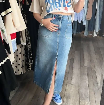 Denim Utility Pocket Midi Skirt