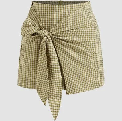 CIDER Mid-Rise Checkered Cotton Twist Mini Skirt