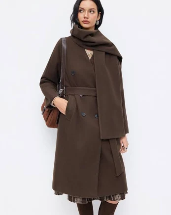 Wool-Look Double Breasted V-Neck Longline Coat with Belt & Scarf