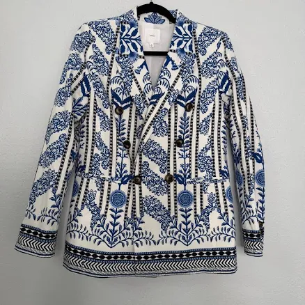 A Loves A Womens Blue White Botanical Tile Print Double Breasted